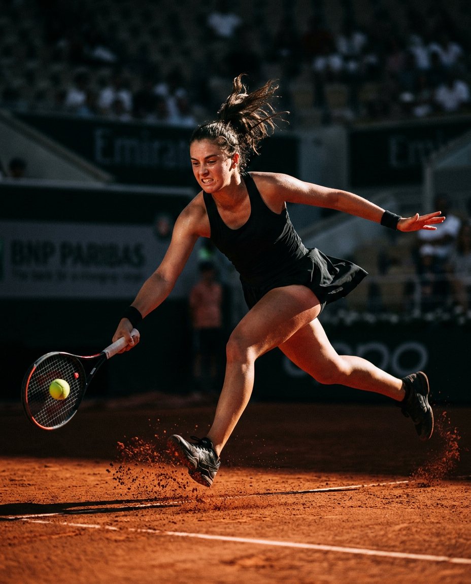 Player lunging into a one-handed backhand