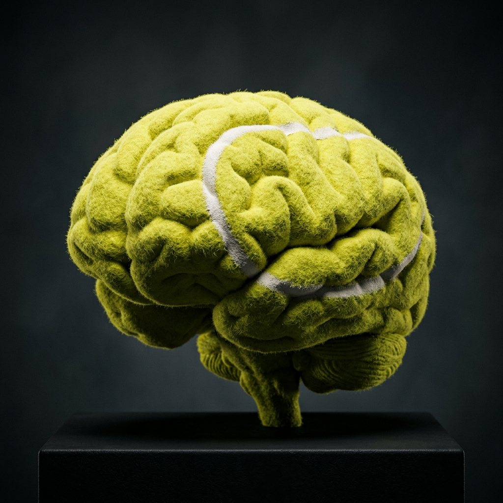 A human brain with the felt texture and seam of a tennis ball