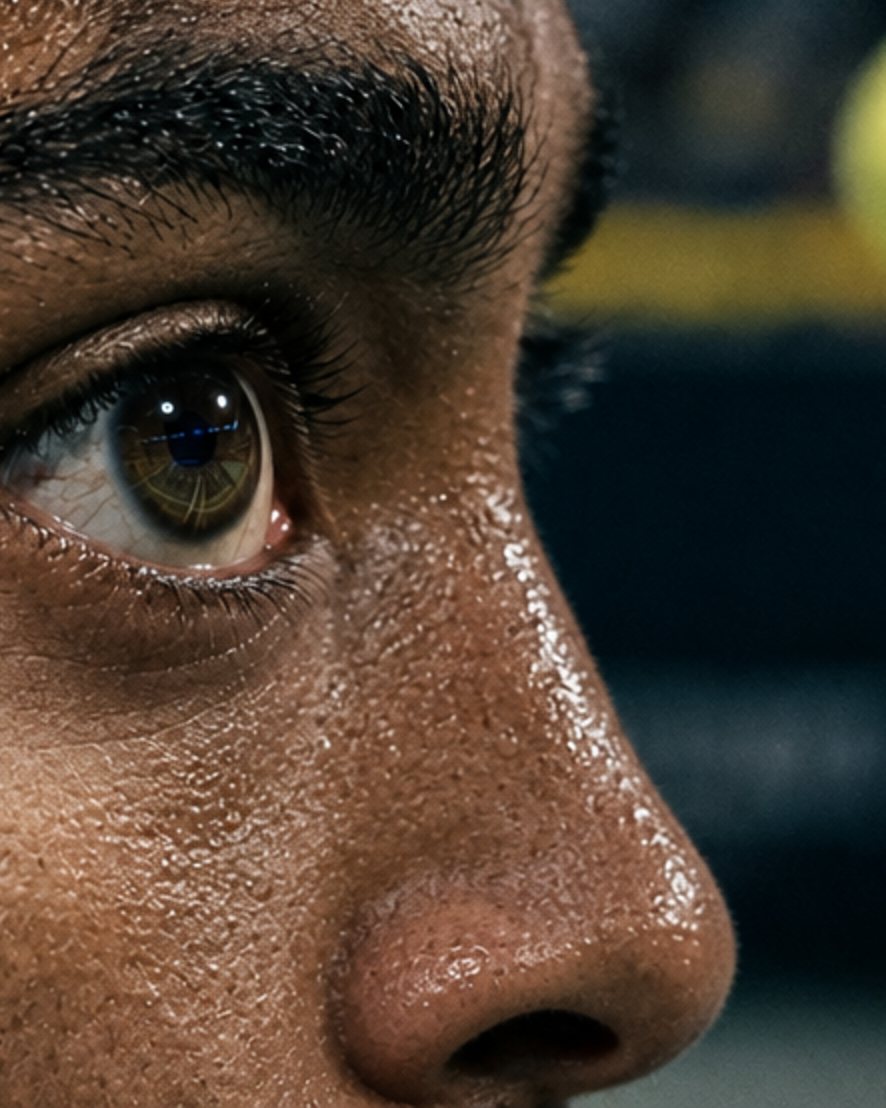 Close-up of a player's eyes tracking the ball