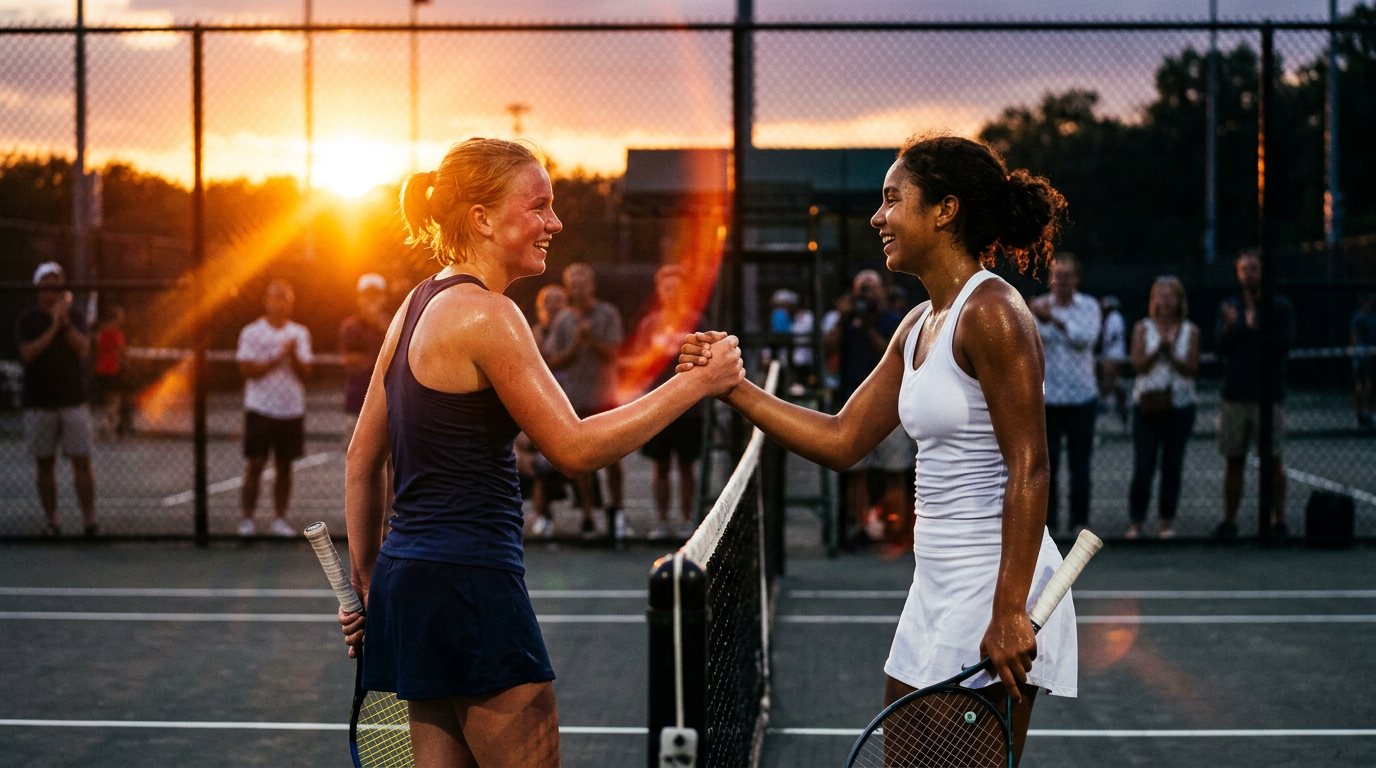 Two junior players shaking hands at the net after a match