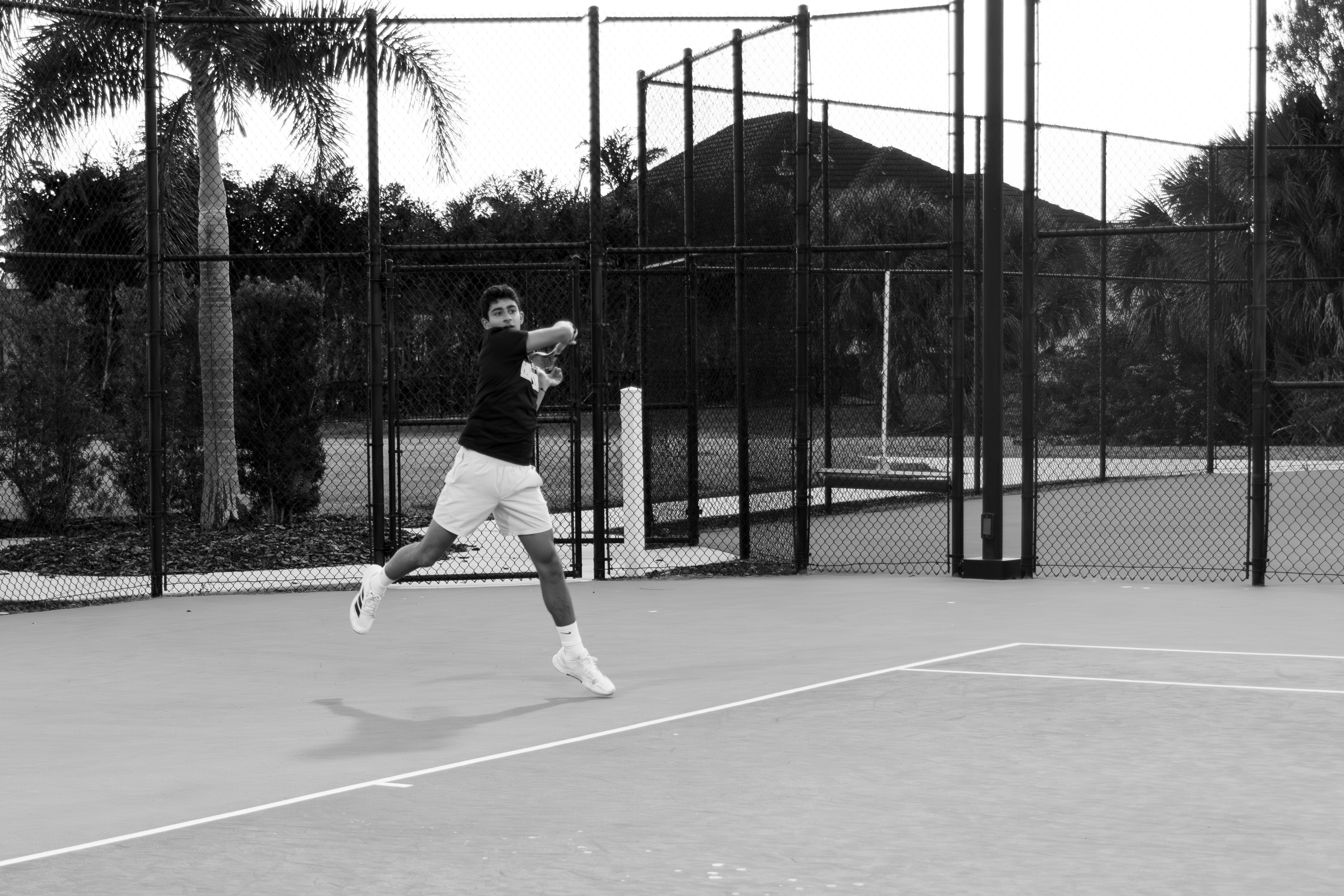 Shaan following through on a forehand at dusk, court fence and palms behind